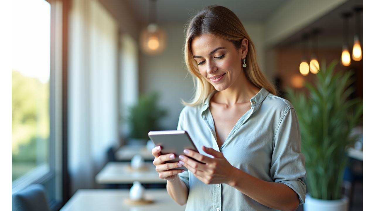 Donna di 40 anni sorridente, con uno smartphone in mano, che legge un articolo sulla salute in un ambiente luminoso e moderno, simboleggiando la facile accessibilità alle informazioni wellness.