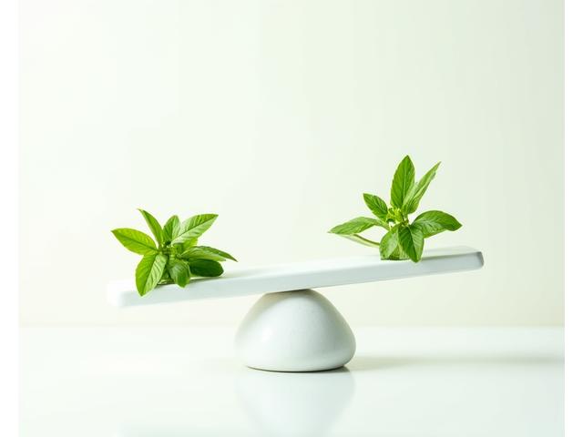 Piante su una bilancia, rappresentano l'equilibrio tra elementi naturali e il raggiungimento del benessere attraverso scelte alimentari consapevoli.