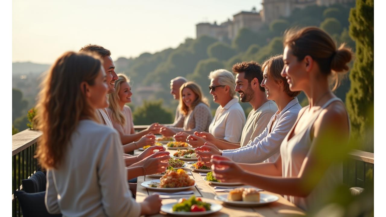 Un gruppo diversificato di adulti sorridenti che collaborano e si allenano insieme in un ambiente moderno e luminoso, simbolo di connessione e benessere.