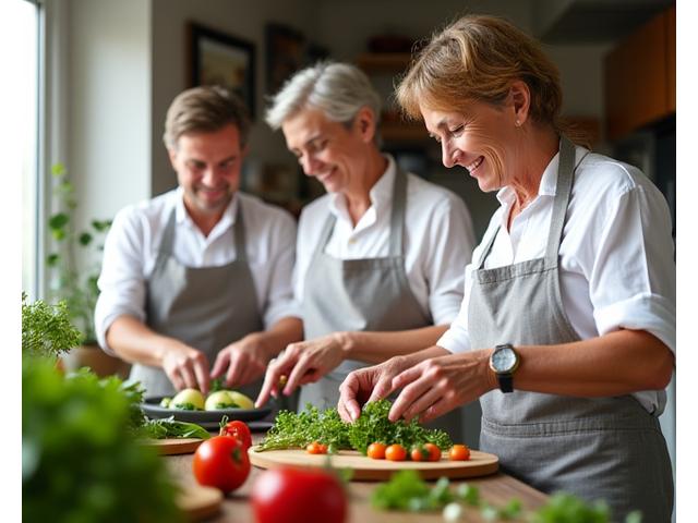 Due adulti preparano un piatto sano in una cucina moderna e luminosa, durante una lezione di cucina.
