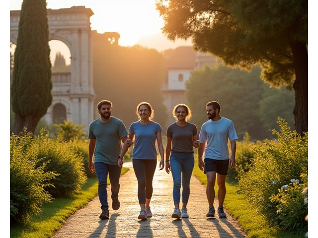Un gruppo di persone sorridenti che camminano insieme nel Parco della Caffarella a Roma.