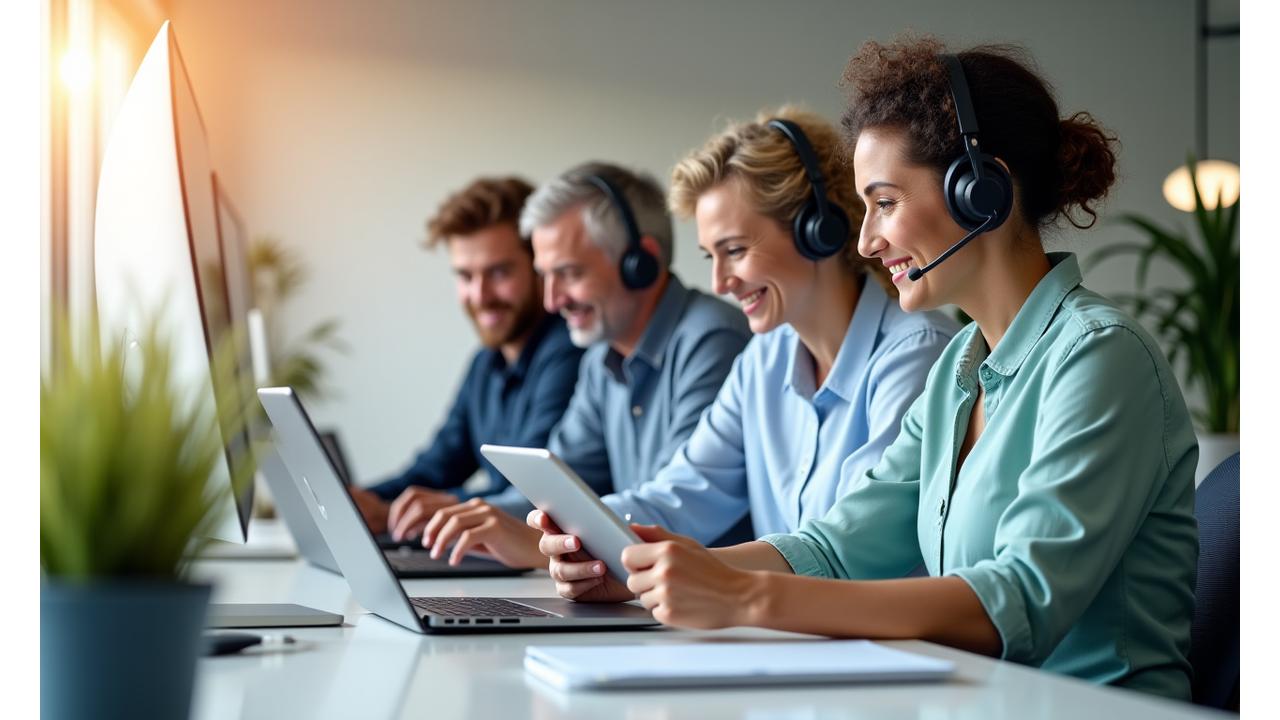Team di supporto Anima Oceano sorridente che assiste un cliente adulto tramite un tablet, illuminato da luce calda, in un ambiente moderno e confortevole.