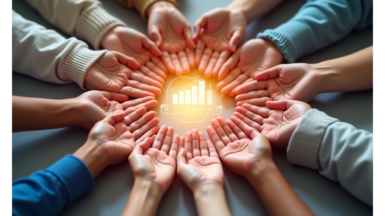 Mani diverse si uniscono in cerchio, simbolo di una comunità forte e inclusiva, con un tablet al centro che mostra statistiche di feedback positive.