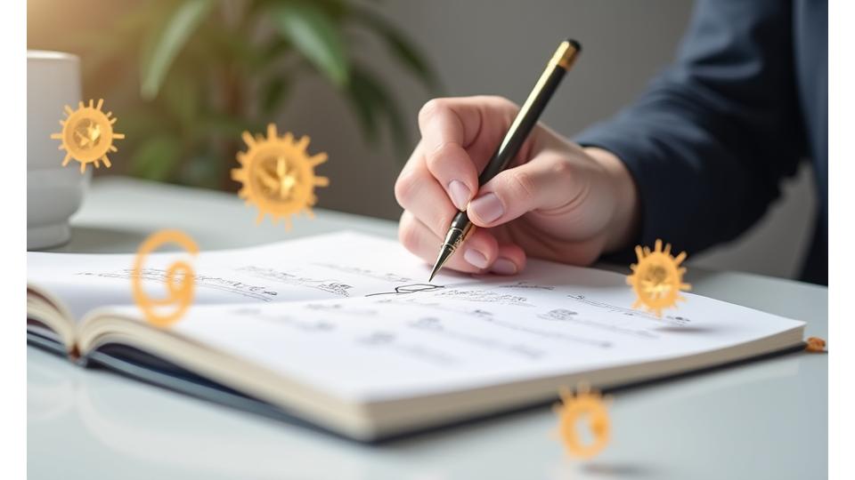 Una mano che scrive su un taccuino con un design elegante, circondata da icone di qualità e autenticità (una stella, un segno di spunta, un badge).