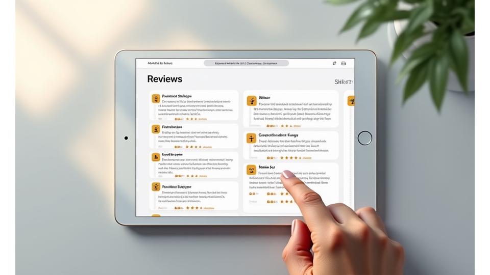 Schermata di un feed di recensioni su un tablet, dove le recensioni sono mostrate come schede interattive con valutazione a stelle e commenti.