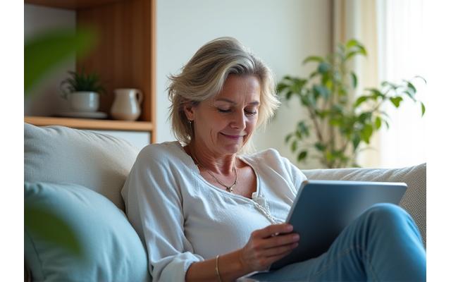Donna sorridente che legge un tablet in un ambiente luminoso e naturale, simboleggiando la facile consultazione del blog salute.