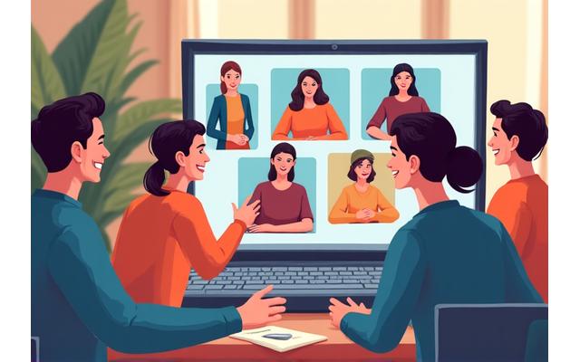 Gruppo di persone diverse che interagiscono felicemente in un forum online sullo schermo di un computer, simboleggiando connessione e supporto comunitario.