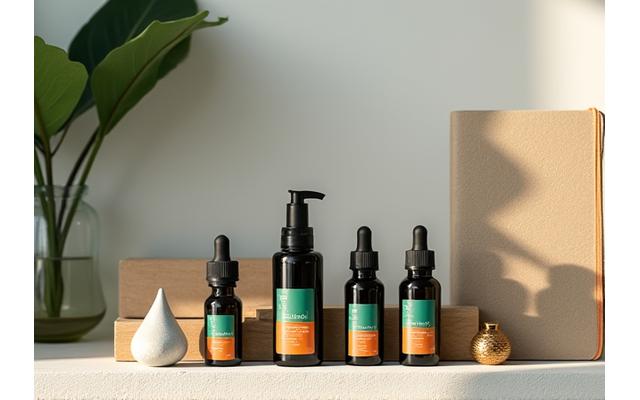 Selezione curata di prodotti per il benessere su uno scaffale elegante, con focus su qualità e naturalità.