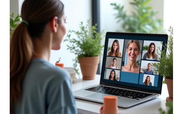 Donna che insegna un workshop virtuale di yoga o mindfulness sullo schermo di un laptop a diversi partecipanti, riflettendo apprendimento e interazione a distanza.