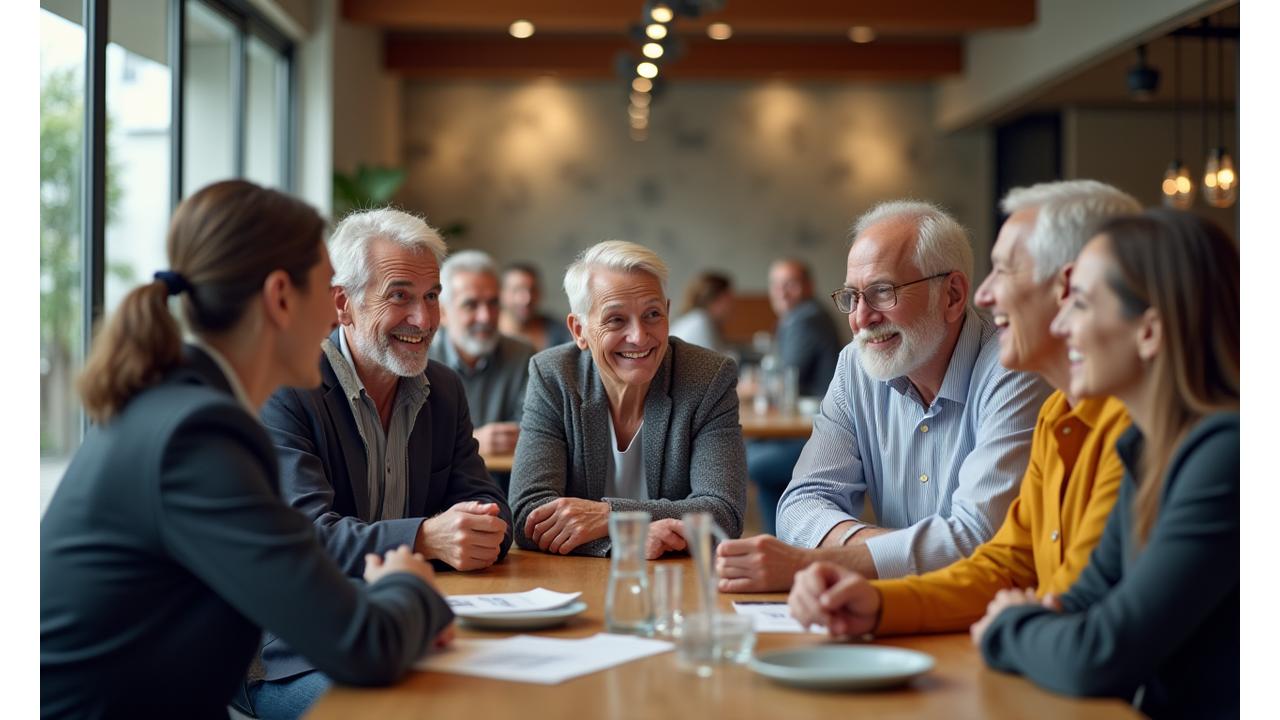 Un gruppo diversificato di adulti sorridenti che interagiscono in un ambiente moderno e accogliente, simbolizzando una community attiva.