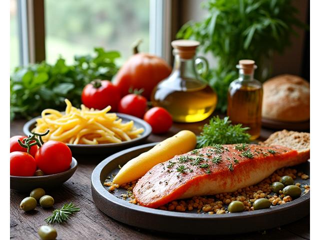 Tavola riccamente imbandita con cibi freschi della dieta mediterranea: verdure colorate, olio d'oliva, pesce, erbe aromatiche e pane integrale.