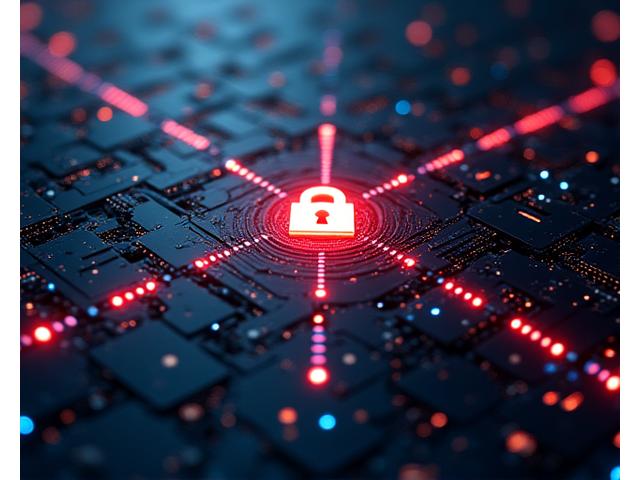 Immagine concettuale di sicurezza informatica con reti criptate e lucchetti digitali, simboleggiando la protezione avanzata dei dati di Anima Oceano.