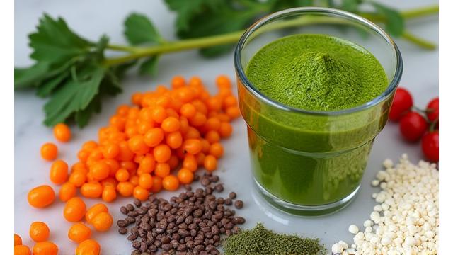 Un assortimento colorato di superfood, frutta a guscio e polveri proteiche su un piano di legno chiaro.