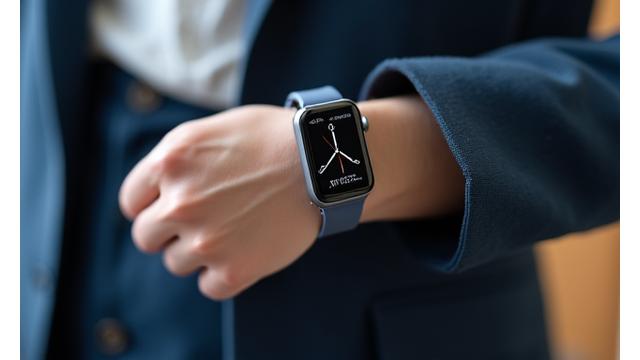 Dispositivo tech indossabile futuristico sul polso di una persona, che traccia parametri vitali.