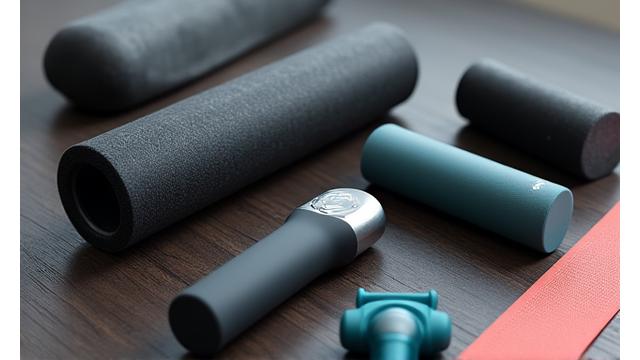 Attrezzature per il recupero sportivo come foam roller e massage gun disposti ordinatamente.