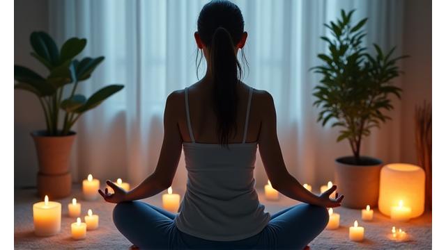 Una persona serena in fase di meditazione, circondata da diffusori di aromaterapia e una candela morbida.
