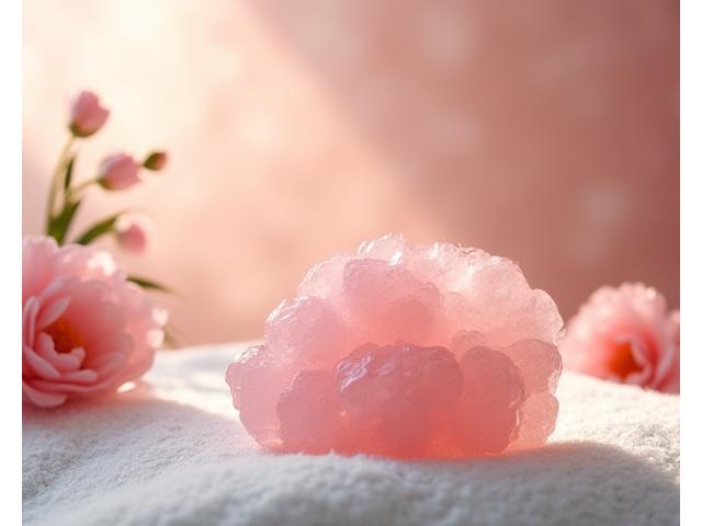 Strumento Gua Sha in quarzo rosa su un asciugamano morbido, con fiori delicati.