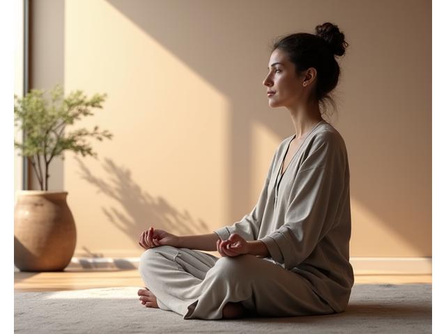 Persona rilassata con cuffie per meditazione avanzate, in un ambiente zen.