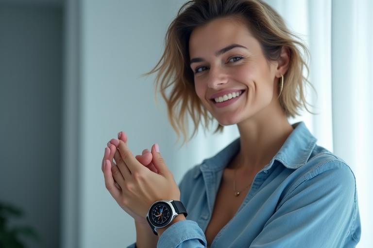 Donna che sorride mentre testa un dispositivo wellness all'avanguardia in un ambiente luminoso, simbolo di prodotti benessere testati e approvati.