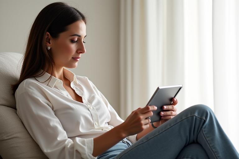 Donna serena che compila un questionario digitale su un tablet, simboleggiando una valutazione accurata e privata del benessere mentale con un tocco di eleganza italiana.