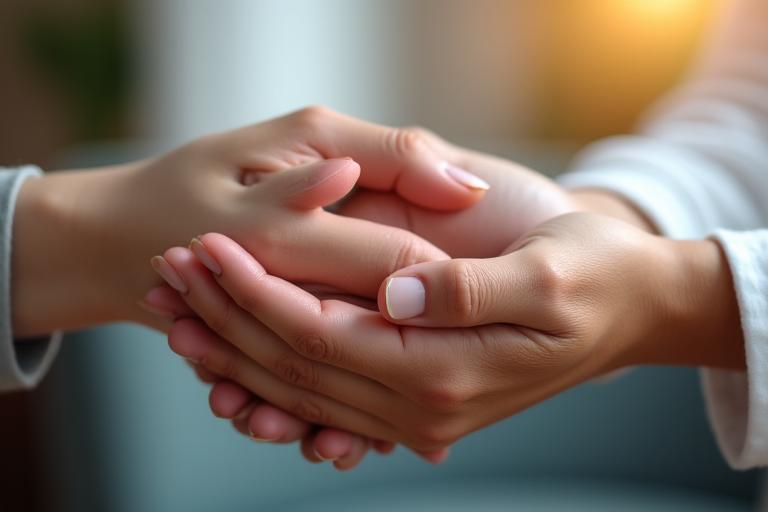 Mani unite in un gesto di supporto e conforto, catturando un senso di connessione e assistenza professionale in un contesto rasserenante.