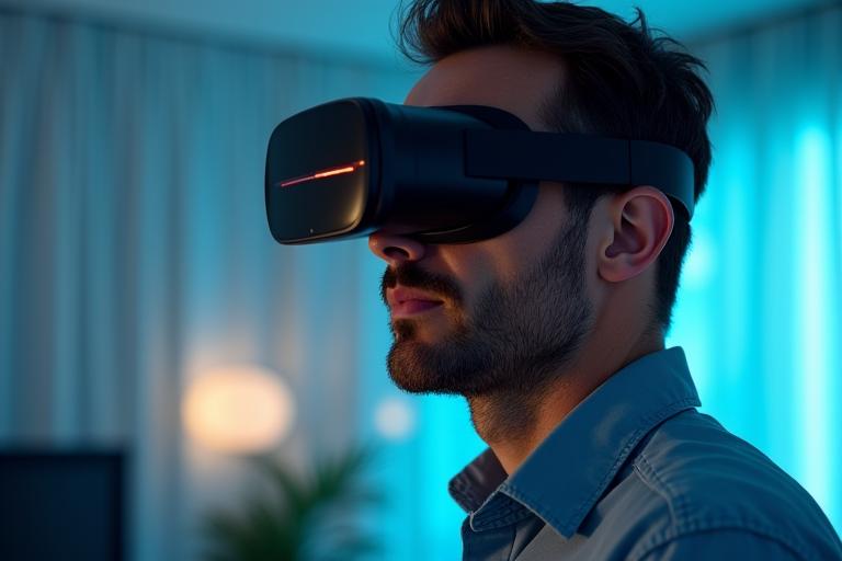 Uomo adulto in un ambiente contemporaneo che interagisce con un'app di VR/AR su un visore, simboleggiando terapie digitali all'avanguardia con un'estetica pulita e sofisticata.