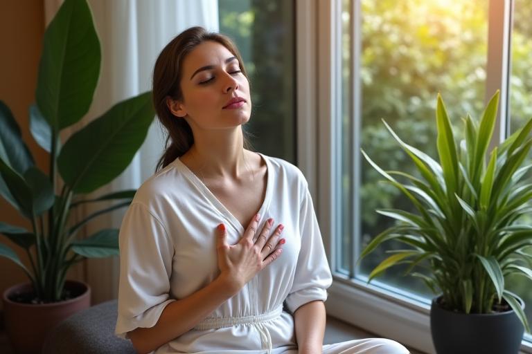 Donna in un ambiente tranquillo che pratica una tecnica di respirazione guidata dal telefono, mostrando tecniche di gestione dello stress con eleganza.