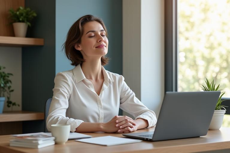Professionista adulto che si prende una pausa consapevole alla sua scrivania in un ufficio moderno, con un laptop e piante, simboleggiando la gestione dello stress lavorativo.