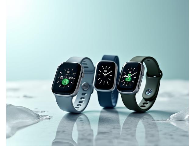 Diversi modelli di smartwatch e fitness tracker disposti elegantemente su una superficie minimalista.