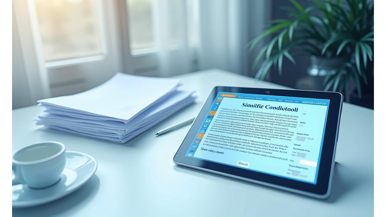 Concetto visivo di trasparenza legale con documenti digitali e simboli di protezione su sfondo sereno.