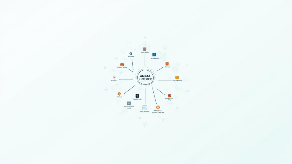 Diagramma visivo di icone interconnesse che rappresentano l'ecosistema digitale di Anima Oceano. Le icone includono Apple Health, Google Fit, MyFitnessPal, Strava, Philips Hue e un calendario, tutti collegati a un fulcro centrale che rappresenta il sistema Anima Oceano.