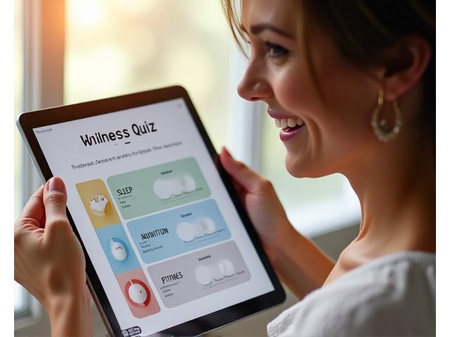 Donna sorridente che interagisce con un tablet, mostrando un quiz wellness con icone di sonno, nutrizione e fitness.