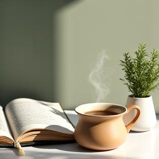 Una scena calma e rilassante con una tazza di tisana, un libro aperto e una pianta verde, che evocano strategie anti-stress.