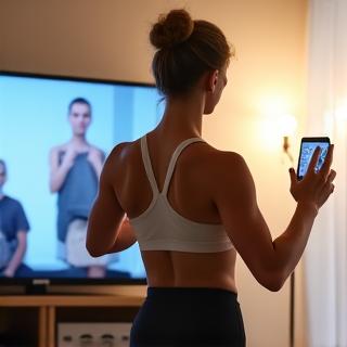 Persona matura che fa yoga o stretching in un ambiente domestico luminoso, con un tablet per un allenamento guidato.