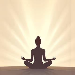 Persona in posizione di meditazione zen, silhouette serena all'alba con elementi grafici che suggeriscono calma e focalizzazione.