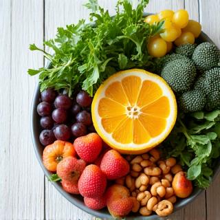 Ciotola di smoothie colorata e ingredienti freschi come frutta e verdura, con un look vibrante e sano.