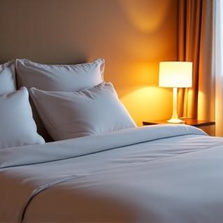 Camera da letto serena con luci soffuse, lenzuola fresche e una persona che dorme tranquillamente per indicare un sonno di qualità.