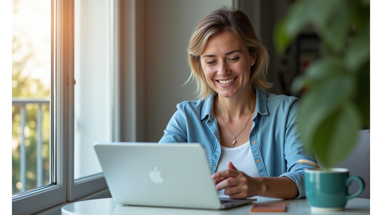 Donna adulta sorride mentre partecipa a un workshop virtuale di benessere da casa sua, con un tablet e una tazza di tè.
